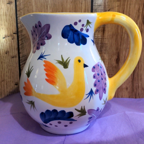 Susan Sargent Vintage Signed Earthenware Yellow Bird Hand Painted Pitcher Italy - Picture 1 of 6